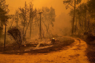 Incêndio florestal na ilha de Evia, na Grécia, em 8 de agosto. Fogo está relacionado às mudanças climáticas, segundo especialistas. — Foto: Angelos Tzortzinis/AFP