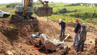Ossada de dinossauro de 70 milhões de anos é retirada de fazenda em SP