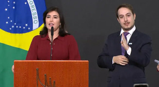 A senadora Simone Tebet (MDB-MS) durante primeiro discurso como ministra do Planejamento — Foto: Reprodução/TV Brasil