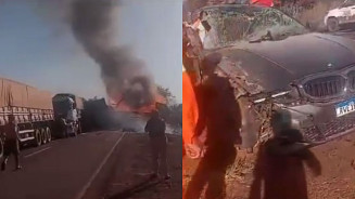 Engavetamento com 5 veículos mata duas pessoas e deixa caminhões em chamas em MS