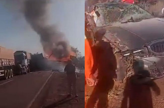 Engavetamento com 5 veículos mata duas pessoas e deixa caminhões em chamas em MS